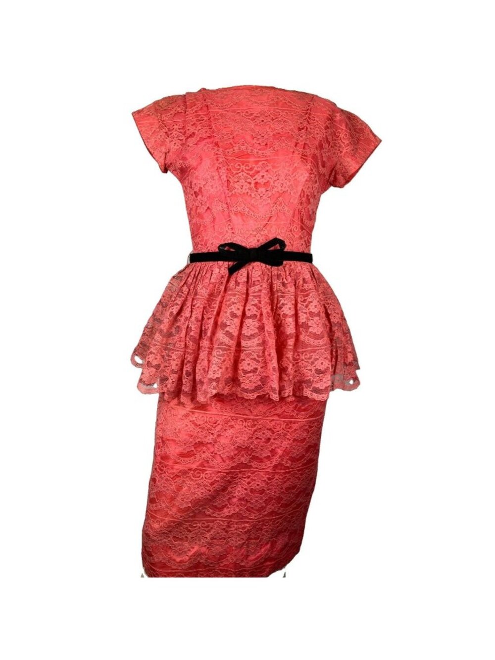 FAB Vintage 40s 50s Coral Pink Lace peplum  Dress Tea Summer 1940s Bow